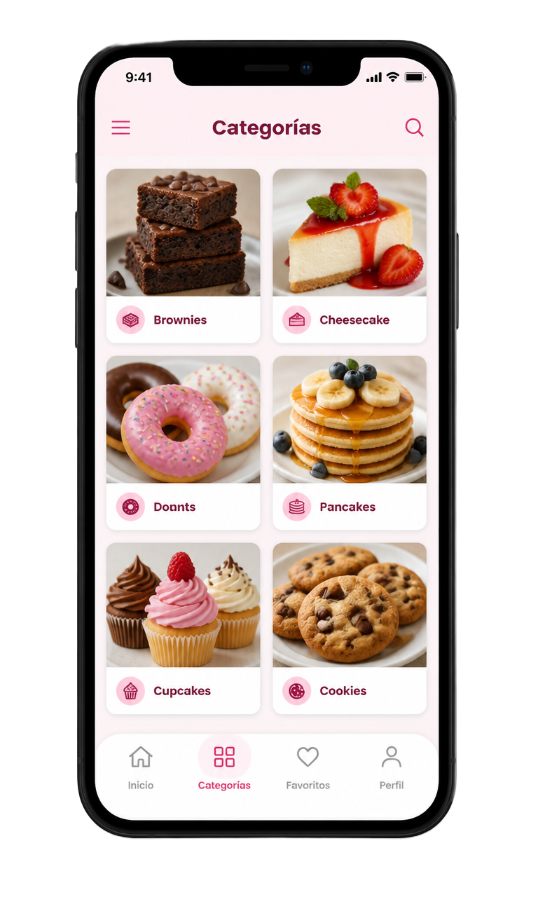 Aplicación Pasteles Sin Culpa: Categorías