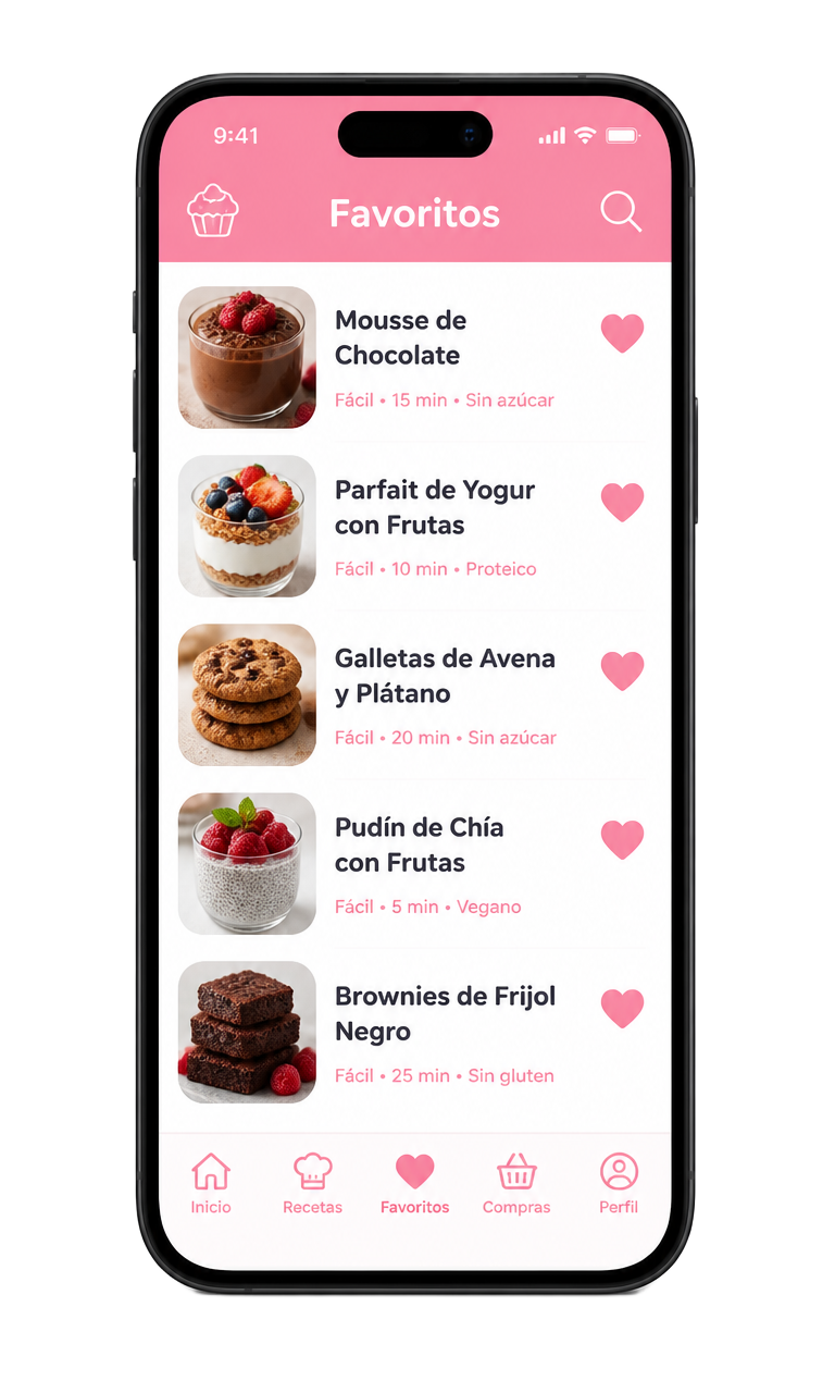 Aplicación Pasteles Sin Culpa: Favoritos