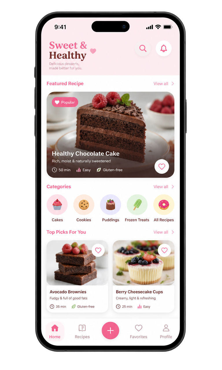 Aplicación Pasteles Sin Culpa: Pantalla inicial