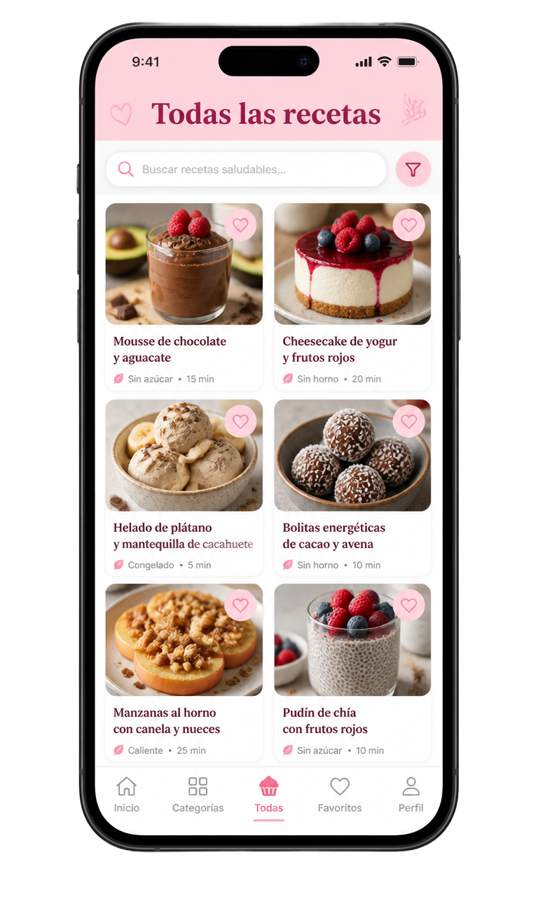 Aplicación Pasteles Sin Culpa: Lista de recetas
