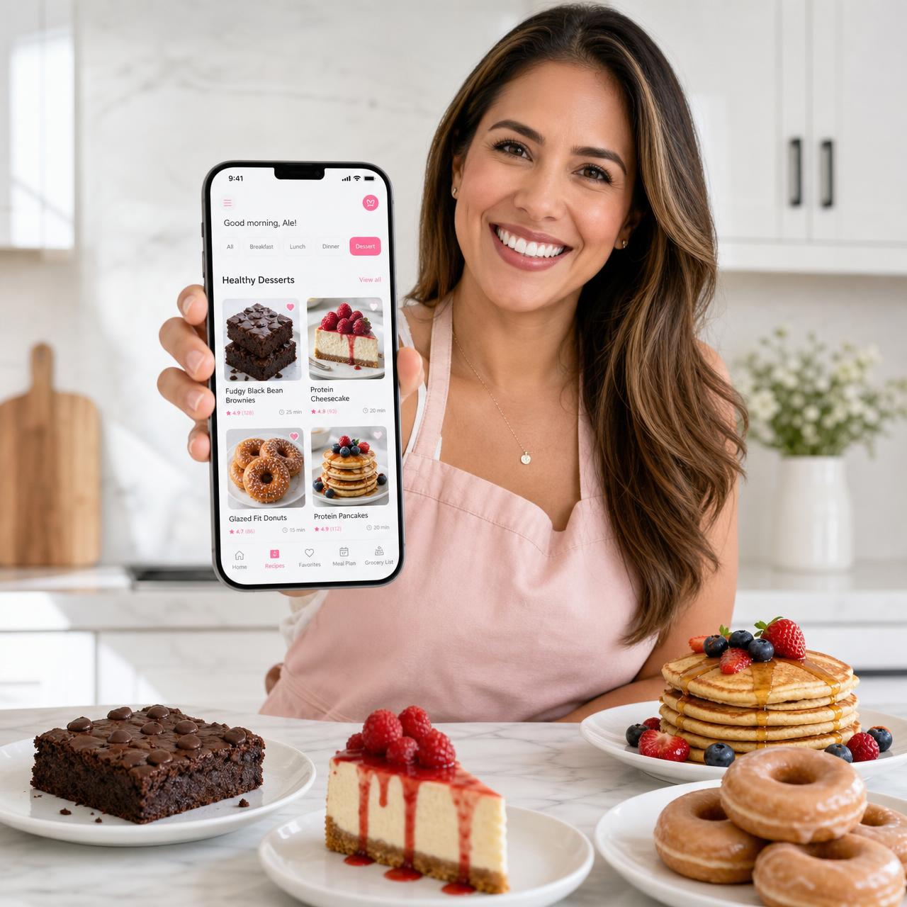 Sofía Marconi mostrando la aplicación Pasteles Sin Culpa en su celular, rodeada de postres saludables